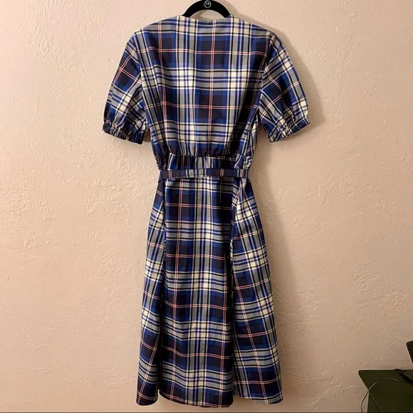 Zara blue tartan plaid puff sleeve midi dress size small - Picture 7 of 7
